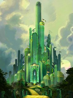 a painting of a green castle in the sky