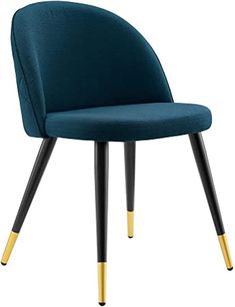 a blue chair with black and gold legs