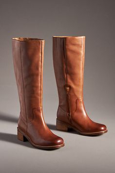 * Leather upper, insole* Rubber sole* Side zip* Imported Tall Boots Low Heel, Fall 2024 Boots, Fall Boots 2024, Fall Shoes 2024, Fall Thrift, Brown Mid Calf Boots, 70s Boots, Vintage Leather Boots, Boots 2024