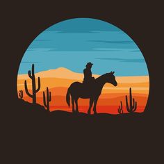 a man riding on the back of a horse in front of a cactus filled sky