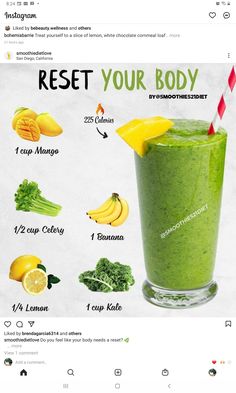 a green smoothie in a glass with ingredients to make it look like a smoothie