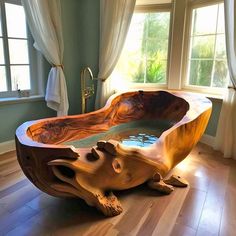 an unusual wooden bathtub in the middle of a room