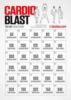 the cardio blast 30 - day challenge is shown in black and white with red lettering