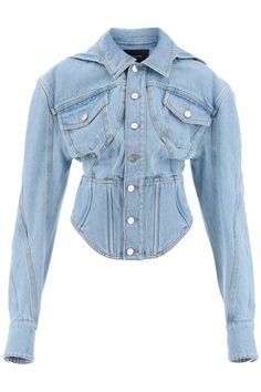 100% Cotton Mugler Jacket, Mugler Denim, Denim Mood Board, Denim Fashion Outfits, Blue Jeans Style, Corset Jacket, Light Wash Denim Jacket, Jeans Blazer, Jacket Sewing