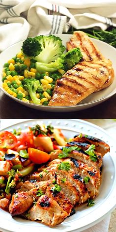 two plates with different types of food on them, one has chicken and the other has broccoli