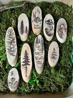 seven hand carved wooden spoons with words and trees on them in a box filled with moss