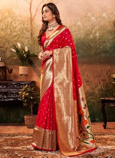 Hot Red Pure Silk Festival Wear Paithani Saree pavitrapaithanisilk 86008  Desc:  Description  Hot red Pure Paithani silk saree with zari weaving .The blouse comes as unstitched material.    Browse our stunning collection of festive wear and wedding silk sarees at KollybollyethnicS and enjoy complimentary worldwide shipping. Theres no need for a minimum order or coupon code. Elevate your festive spirit with our exquisite silk sarees this season. This Diwali weve introduced a wide array of budget- Paithani Silk Saree, Paithani Saree, Weaving Designs, Wedding Silk Saree, Wedding Saree Indian, Silk Saree Blouse, Red Saree, Organza Saree, Work Sarees