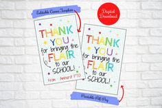 two thank cards with the words thank you for being in the fair to our school