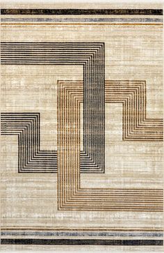 a beige rug with black and brown lines on it's sides, in the shape of a rectangle