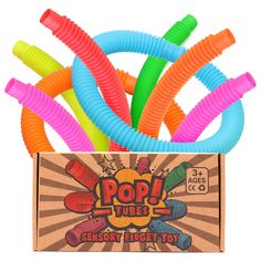 six neon colored plastic tube toys in a cardboard box on a white background with the words pop tubes below it