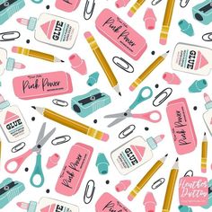 a pattern with scissors, pencils, and other personal care items on white background