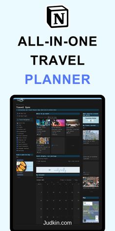 the all - in - one travel planner is displayed on a computer screen with text overlay