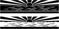 two black and white images of the sun over water with waves in front of them