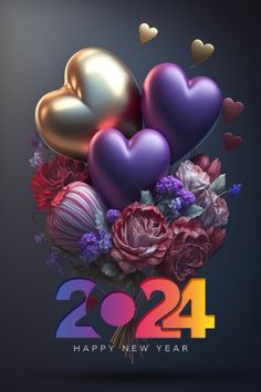 a bunch of balloons that are in the shape of hearts and flowers on a dark background