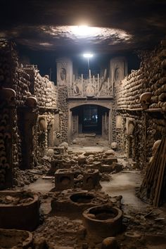 the interior of an ancient building with stone walls and pillars, including two fireplaces