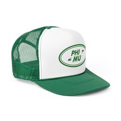 a green and white trucker hat with the word phu on it's front