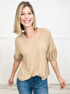 Turn up the playfulness in this Crinkle Knit Half Puff Sleeve Top! Perfect for any occasion, the half-puff sleeves add a touch of whimsy, while the crinkle knit fabric provides a unique texture—a must-have for those who like to stand out in style. Fabric content: 95% Polyester, 5% Spandex Trendy Textured Knit Top With Puff Sleeves, Spring Textured Knit Tops With Balloon Sleeves, Casual Textured Knit Top With Puff Sleeves, Casual Textured Knit Puff Sleeve Tops, Casual Textured Knit Balloon Sleeve Tops, Casual Textured Knit Tops With Balloon Sleeves, Textured Knit Puff Sleeve Tops, Textured Knit Tops With Puff Sleeves, Half Puff Sleeve