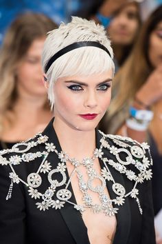 Hair, Face, Beauty, Fashion, Hairstyle, Eyebrow, Head, Hair accessory, Skin, Lip, Green Hairstyles, Silver Hairstyles, Cara Delevingne Hair, Goldie Locks, Pixie Crop, Hair Evolution, Silver Blonde Hair, Bleach Blonde Hair, Rose Byrne