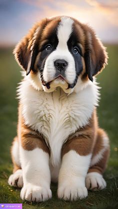 a brown and white dog sitting in the grass