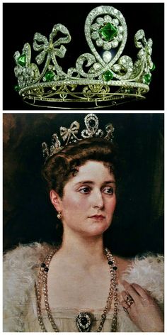 two pictures of the same tiara, one in green and one in white with diamonds