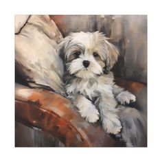 a painting of a small white dog laying on a couch