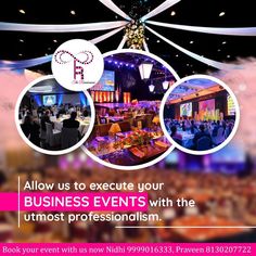 a flyer for a business event with three photos and the words, follow us to execute your business events with the utmost professionalism