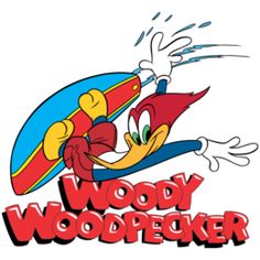 woody woodpecker cartoon character with surfboard in his hand and the words woody woodpecker above it