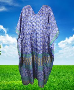 Women Boho Beach Kaftan, Lapis Blue Maxi Silk Kaftan, L-2X Blue Maxi Dress For Summer Holiday, Blue Short Sleeve Kaftan For Vacation, Blue Maxi Dress For Beach Holiday, Blue Maxi Dress For Holiday Beach Season, Blue Printed Beach Dress For Festival, Blue Relaxed Fit Kaftan For Beachwear, Blue Printed Vacation Dresses, Blue Printed Dresses For Vacation, Blue Relaxed Fit Beachwear Kaftan