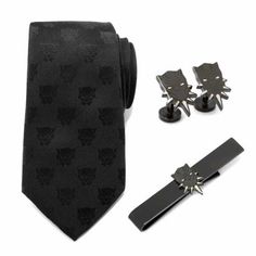 Celebrate this groundbreaking, Oscar-winning movie with the ultimate Black Panther gift set. Featuring our plated metal and enamel logo cufflinks, this set also comes with a 100% silk corresponding black tie. Officially licensed by Marvel. | Marvel Men's Black Panther 3 Piece Necktie Gift Set Black Ties Jewelry For Gift, Black Jewelry With Ties For Gifts, Gift Black Jewelry With Ties, Black Suit And Tie Accessories For Father's Day, Black Suit And Tie Accessories For Father's Day Gift, Black Jewelry For Business On Father's Day, Film Black Panther, Oscar Winning Movies, Designer Cufflinks