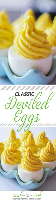 deviled eggs with mayonnaise on them and the words classic deviled eggs