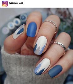 Nails With Tree Design, Nails Tree Design, New Gel Nail Designs 2023, Nails For Switzerland, Trendy Winter Nail Designs, Alaska Vacation Nails, Beach Winter Nails, Earth Nail Art, Mountain Design Nails