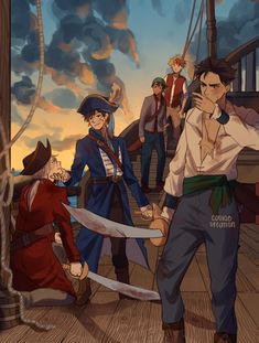 an image of some people on a ship playing with swords and swordes while others watch from the deck