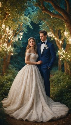 a bride and groom posing for a photo in front of trees with lights on them