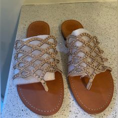 Brand New Vince Camuto Sandals. Never Worn And Comes With Box. The Rhinestones Are A Rose Gold Tone And They Are The Cutest Shoes. Gold Leather Sandals With Rhinestones, Embellished Flat Beige Sandals, Brown Embellished Sandals With Round Toe, Brown Embellished Round Toe Sandals, Leather Sandals With Rhinestones For Beach, Tall Gladiator Sandals, Knee High Gladiator Sandals, High Gladiator Sandals, Cutest Shoes