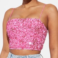 Fashion Nova Pink Sequin Top Size Xl Brand New Pink Sequin Top Outfit, Glitter Tops Outfit, Pink Sparkly Top, Sequins Top Outfit, Sparkle Crop Top, Katy B, Pink Sequin Top, Glitter Crop Top, Eras Outfits