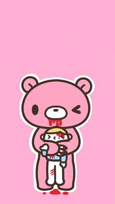 a pink wall with a cartoon bear holding a baby