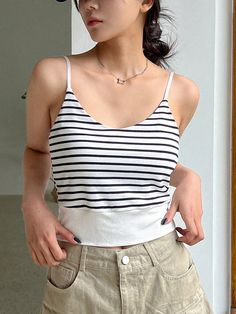 Black and White Casual Collar  Fabric Striped Cami Embellished Medium Stretch Summer Women Clothing Everyday Summer Outfits, Women Tank Tops, Tank Top Cami, White Casual, Top Casual, Summer Women, Women Clothing, Spring Fashion