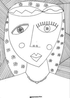 a black and white drawing of a woman's face with flowers on her head