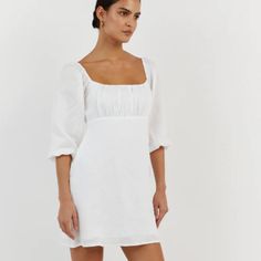 This Babydoll Dress Is Perfect For Summer, And The Puffy Sleeves Add An Extra Flirty Touch! Could Be Perfect For A Bride To Be. Sleeves Can Be Worn Long, Or Rolled Up (As In The Picture) This Dress Has Never Been Worn, With Tags Still On, As It Was Too Small For Me! 100% Linen, Invisible Zip Closure At The Back. White Flowy Mini Dress With Square Neck, Solid Mini Dress For Daywear, White Flowy Mini Dress For Daywear, Flowy Square Neck Mini Dress For Daywear, Flirty Mini Dress For Daywear, White Puff Sleeve Flirty Dress, White Flirty Dress With Puff Sleeves, White Flirty Mini Dress For Daywear, Flirty White Mini Dress For Daywear