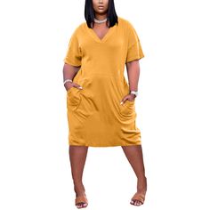 Yellow Solid V Neck Pocket Causl Plus Size Dress Plain Skirt, Printed Casual Dresses, Rose Rouge, Mid Length Skirts, Women Long Dresses, Red Light, Types Of Skirts, Plus Size Dress, Shorts With Pockets