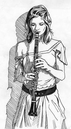 a drawing of a woman holding a flute