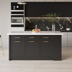 a modern kitchen with marble counter tops and black cabinets, along with an island in the middle