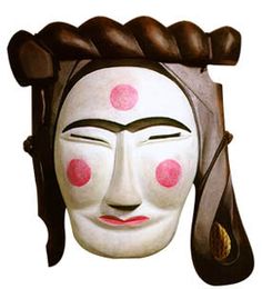 a white mask with red dots on it's face and hair in the shape of a woman's head