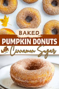 baked pumpkin donuts with cinnamon sugar are on a white plate and in the background there is an autumn maple leaf