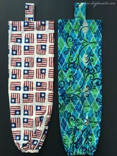 two pieces of fabric with american flags on them, one is blue and the other is green