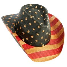 Celebrate your patriotic spirit with this American flag cowboy hat that is designed with a vintage-inspired look. This Western party hat features a vibrant flag print adorned with shiny star embellishments, making it a stylish choice for both men and women. Versatile and suitable for various occasions, this american flag cowgirl hat is perfect for costume parties, Halloween, rodeos, festivals, state fairs, performances, line dancing, or even bull riding. Its comfortable fit ensures easy to wear Americana Rodeo Hat With Curved Brim, Americana Curved Brim Hat For Rodeo, Americana Style Curved Brim Hat For Rodeo, Red Beach Hat For 4th Of July, Red Hat For Beach And 4th Of July, Patriotic Red Hat For Beach, Patriotic Red Beach Hat, Red Patriotic Beach Hat, Patriotic Adjustable Hats For Country Events