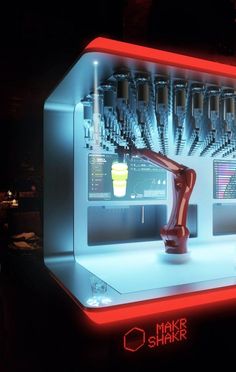 a machine with many bottles on it in the dark