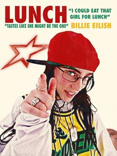 a girl with glasses and a red hat pointing at the camera