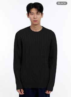 mens-cable-knit-sweater-ig427 / Black Mens Cable Knit Sweater, School Style, Knit Sleeve, Black Model, Cable Knit Sweater, School Fashion, Black Border, Men's Casual, Light Beige