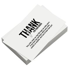 thank card with the words thank written on it in black and white letters, against a white background